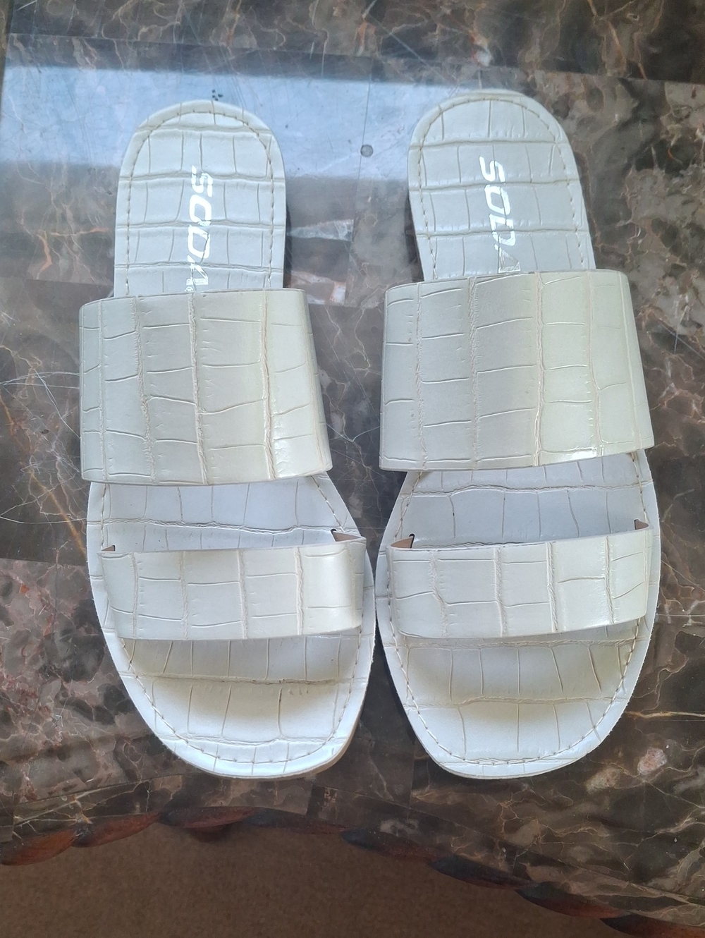 Soda White Croc-Embossed Dual Strap Slide Sandals